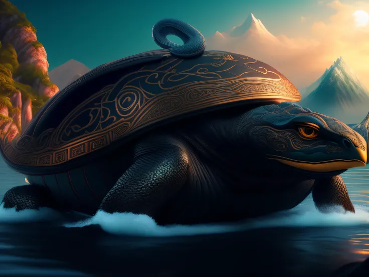 tmasterpiece，CG animation in 8K resolution，absurd res，Inspired by the Classic of Mountains and Seas，Chinese mythology and stories，mythological creatures，The black turtle has the head of a bird and the tail of a snake