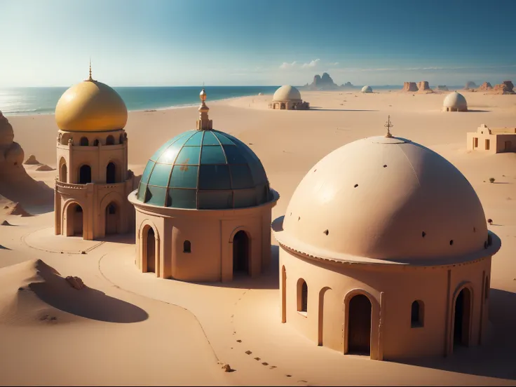 A city with little buildings in the shape of domes, in the desert, facing the sea, on the coast, the weather is arid and slightly humid.