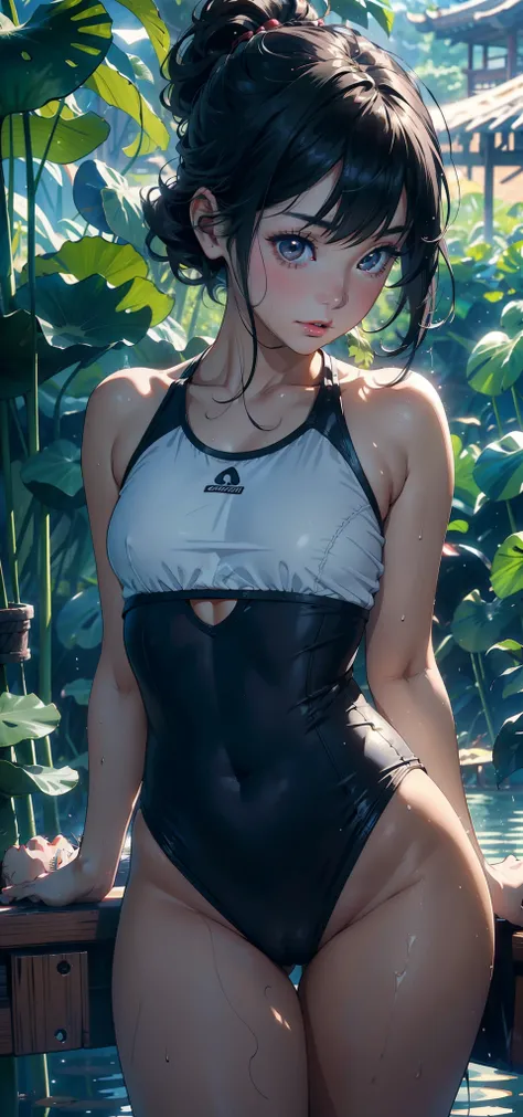 1 female，3 years old，bit girl，Small loli，huge-breasted，Pornographic exposure， 独奏，（Background with：bamboo forrest，lotuses，lotus flower，exteriors，Lotus pond） She has short black hair，Qi bangs，Doll head，Station，Sweat profusely，drenched all over the body，，seen...