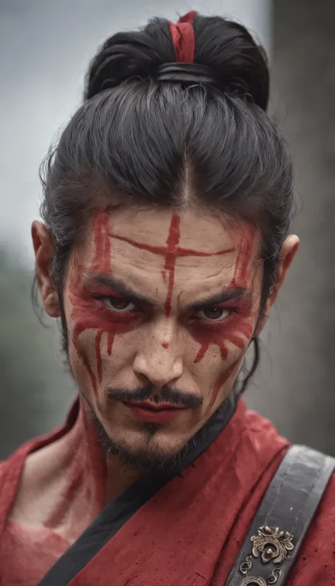 Un hombre con la piel roja , cuernos rojos , ojos negros , una katana,