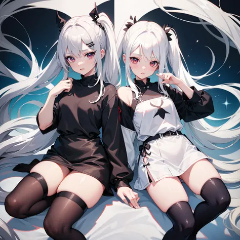 White hair with double ponytail，Loli Vampire。Black silk wrapped thin legs，T-shirt with JK