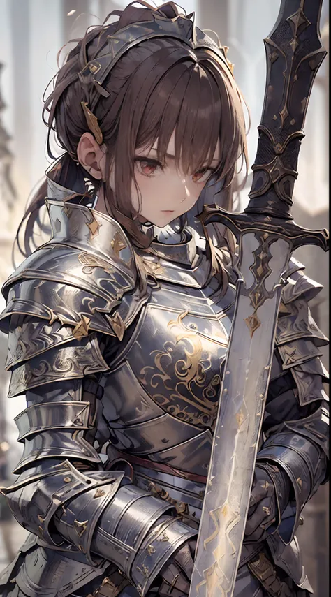 ((((((Knight Armor)))))), bare face, updo, red eyes, tall, long spear in hand, serious, brown hair, depth of field, atmospheric perspective, UHD, masterpiece, anatomically correct, textured skin, retina, high details