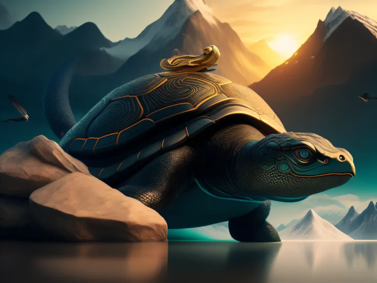 tmasterpiece，CG animation in 8K resolution，absurd res，Inspired by the Classic of Mountains and Seas，Chinese mythology and stories，mythological creatures，The black turtle has the head of a bird and the tail of a snake