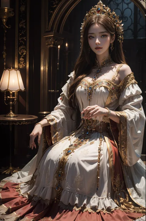 ((top-quality、​masterpiece、photographrealistic:1.4、in 8K))、1 beautiful detailed girl、extremely detailed eye and face、beatiful detailed eyes、（Complex luxury red dress in medieval European style）、Luxury accessories、Elegant smile、natta（Set in a luxurious room...