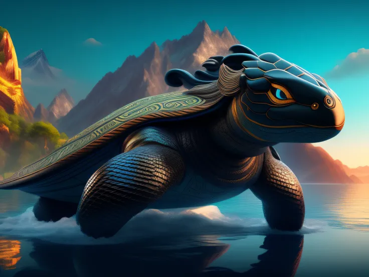 tmasterpiece，CG animation in 8K resolution，absurd res，Inspired by the Classic of Mountains and Seas，Chinese mythology and stories，mythological creatures，The black turtle has the head of a bird and the tail of a snake