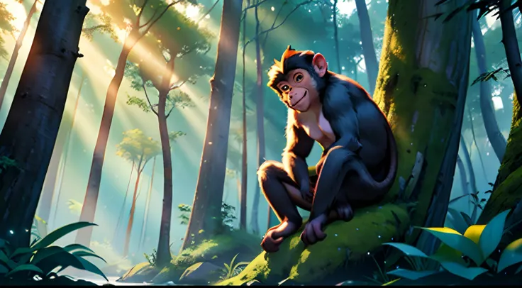 Masterpiece, best quality, 8k resolution, cinematic lighting, a Little monkey solo seat on a tree forest,