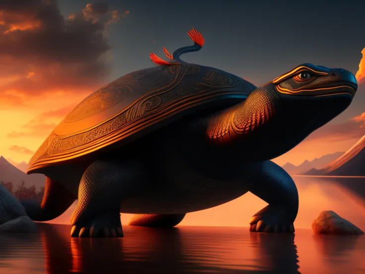 tmasterpiece，CG animation in 8K resolution，absurd res，Inspired by the Classic of Mountains and Seas，Chinese mythology and stories，mythological creatures，The black turtle has the head of a bird and the tail of a snake