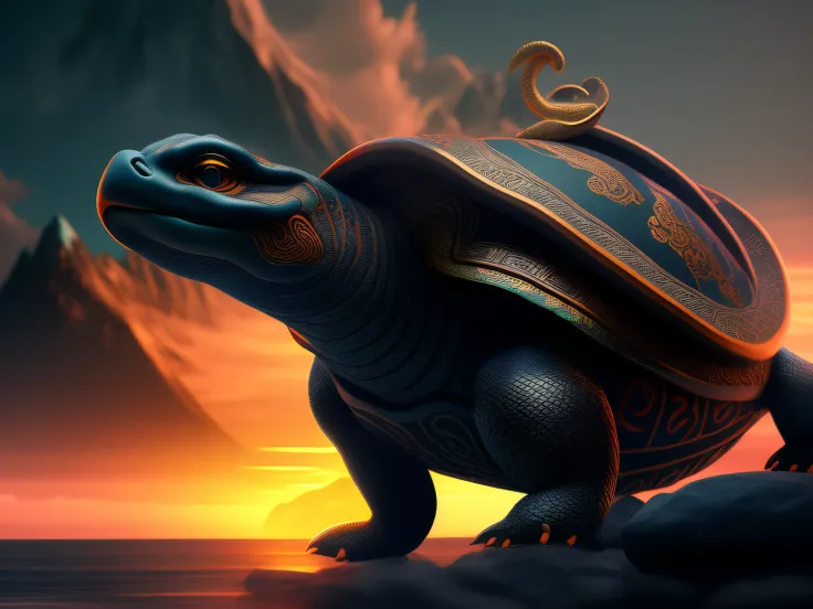 tmasterpiece，CG animation in 8K resolution，absurd res，Inspired by the Classic of Mountains and Seas，Chinese mythology and stories，mythological creatures，The black turtle has the head of a bird and the tail of a snake