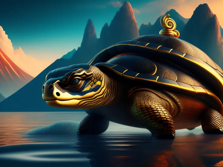 tmasterpiece，CG animation in 8K resolution，absurd res，Inspired by the Classic of Mountains and Seas，Chinese mythology and stories，mythological creatures，The black turtle has the head of a bird and the tail of a snake