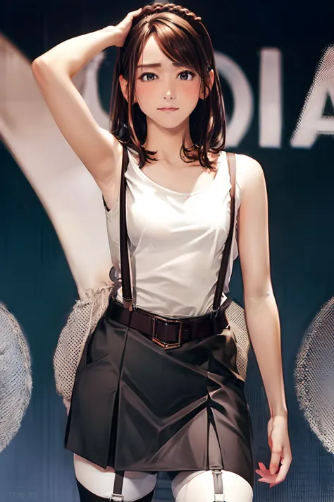 skirt by the, Tank tops　suspenders, Brown hair short, Gray eyes, Garter belt on the legs, moderate chest and tight clothes, 　　 a belt　Armpit sweat　　deadpan