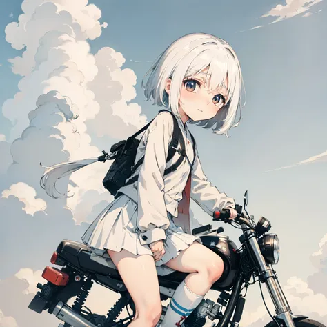 White clouds，one-girl，Loli,elementary student，Ride on a helicopter，独奏, (with short white hair:1.2),