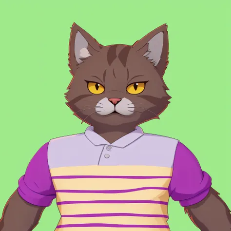 There is a cat with a purple and yellow shirt in, Retrato de personagem peludo, sem linha, um gato antro, gato antro, anthropomorphic cat, Personagem altamente detalhado, Fursona usando roupas estilosas, anthropomorphic female cat, illustration of a cat, G...