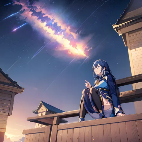 Anime girl sitting on a fence looking at the star trail, Cosmos Sky. By Makoto Shinkai, author：Kaneokase Kane, 《Fire emblem》Lucina, Anime style mixed with Fujifilm, During meteor storms, Beautiful anime artwork, Marin Kitagawa fanart, high detailed officia...