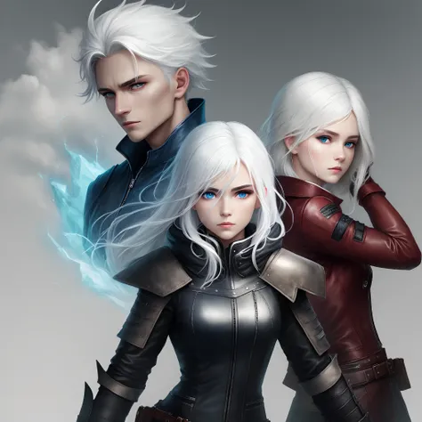 White hair, blue eyes, leather clothes, royal sister, cold, simple, doomsday background