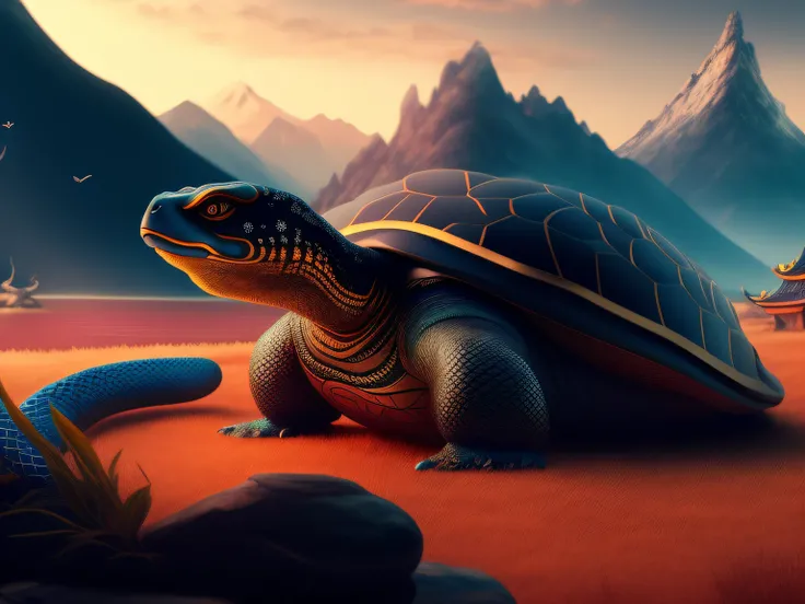 tmasterpiece，CG animation in 8K resolution，absurd res，Inspired by the Classic of Mountains and Seas，Chinese mythology and stories，mythological creatures，The black turtle has the head of a bird and the tail of a snake