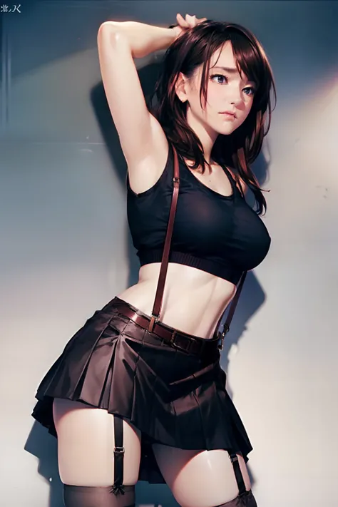 skirt by the, Tank tops　suspenders, Brown hair short, Gray eyes, Garter belt on the legs, Big breasts and tight clothes, 　　 a belt　Armpit sweat　　deadpan