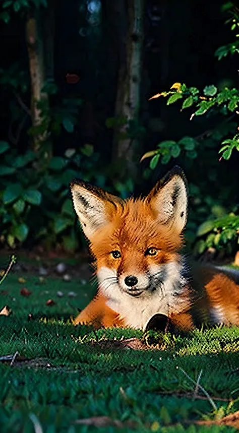 Painting of a cute fox in the grass, Bush, Leaves, Mastopec