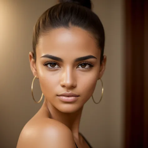 A photorealistic portrait of a insanely beautiful tanned Brazilian young woman with no makeup, mixed race, caucasian, skin is tanned, brown eyes, no eye makeup, hair is in a sleek bun, detailed symmetric realistic face, realistic facial proportions, extrem...