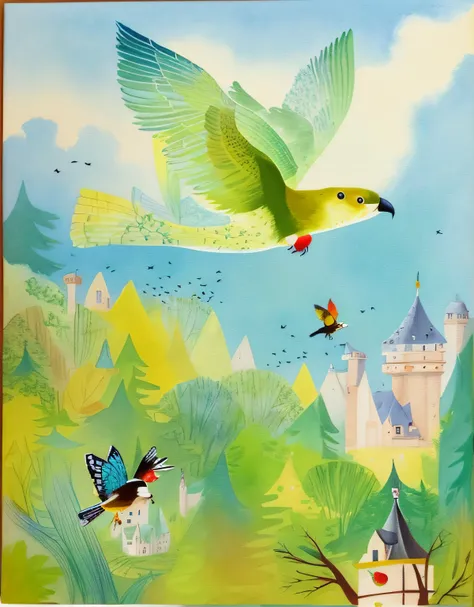 A painting of a bird flying over a forest，The background is a castle, author：Zofia Strijanska, author：Anna Heifesch, A illustration, illustration!, storybook illustrations, a fairy tale illustration, author：Gerrit Pintuquete, Fine quality illustrations, Lo...