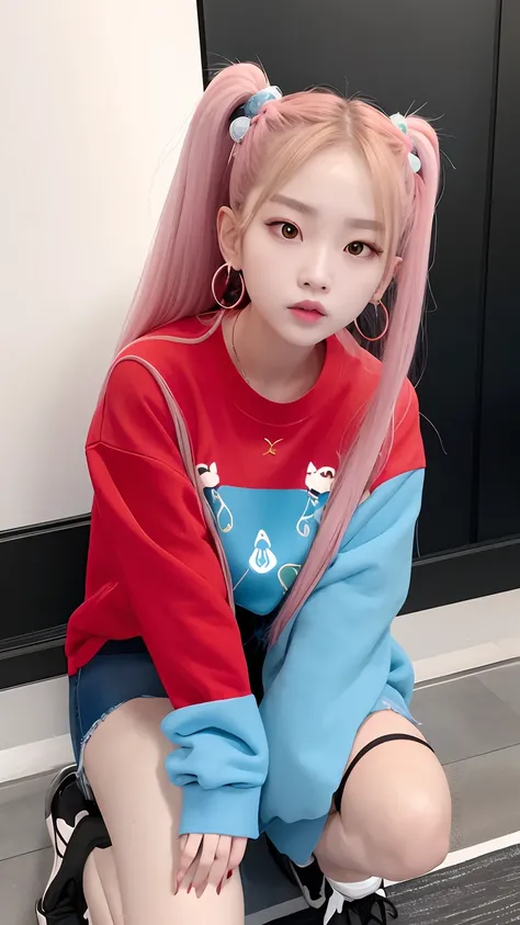 Alafed woman in blue sweatshirt and red and black shirt, roseanne park of blackpink, nffsw, poneyTail、Full body posture、jossi of blackpink, wan adorable korean face, shikamimi, portrait of jossi of blackpink, clear cute face, Larisa Manobal, jaeyeon nam, K...