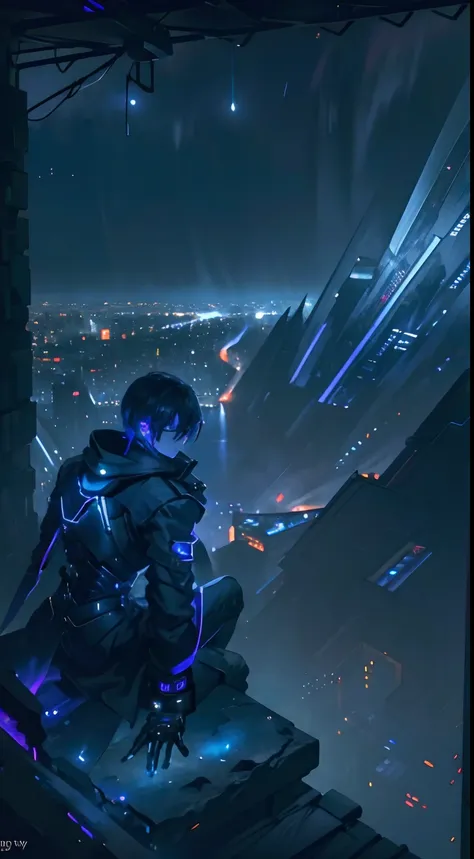 (Masterpiece, Best quality:1.4), 1 young man, Upper body, (Sit on the edge of a skyscraper roof:1.2), a black trench coat, (Amazing city views, Cyber City, scenery, Night sky, Dark theme:1.4), Perspective, Depth of field, Neon lights, Building rooftop, Nig...