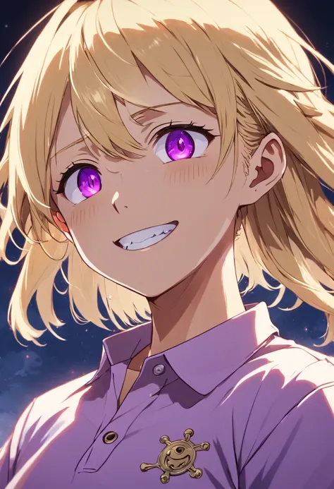 Men ; light purple polo shirt ; blond hair ; nasty smile ; red eyes ; 8K ; masterpiece