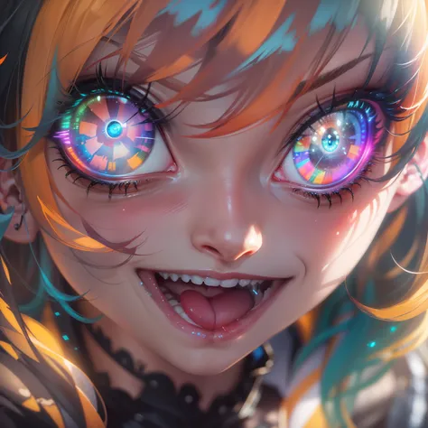 multicolored hair, glowing eyes, makeup, evil smile, tongue out, Surrealism, close-up, Eye-Level Shot, ray tracing, Conceptual art, anime, Gothic art, 8k, super detail, best quality, textured skin, super detail, high quality, high details, retina, masterpi...