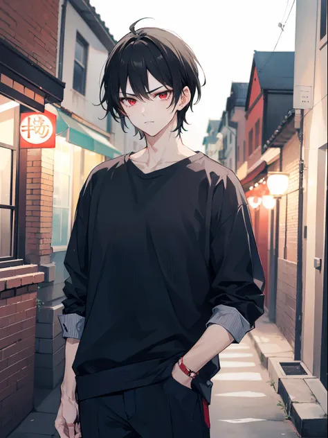 A man, black hair and red eyes, wearing a white shirt, night, quite alley, mascular, badass