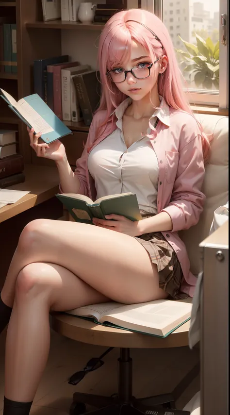 A female high school student, who was sitting down for study, had loose pink hair, with a very pretty face, and had beautiful eyes, and a medium-sized chest. Wearing study glasses, and holding a reading book