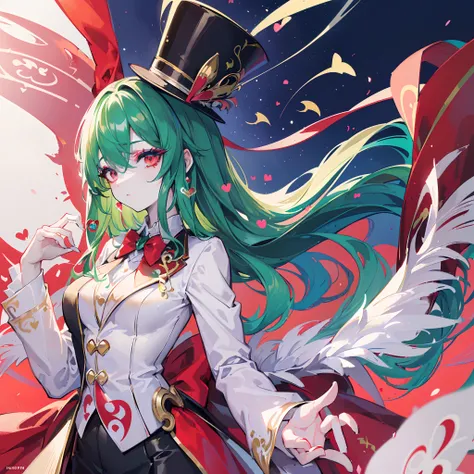 ((Masterpiece)), ((Best Quality)), ((Best Quality)), (Illustration of One Girl), Emerald Green Long Hair, (((Tall)), (White Skin), Red Eyes, Blue Eyeliner, ((Makeup with a heart symbol around the left eye)), ((Tuxedo)), (Top Hat)), Clown, (Circus)