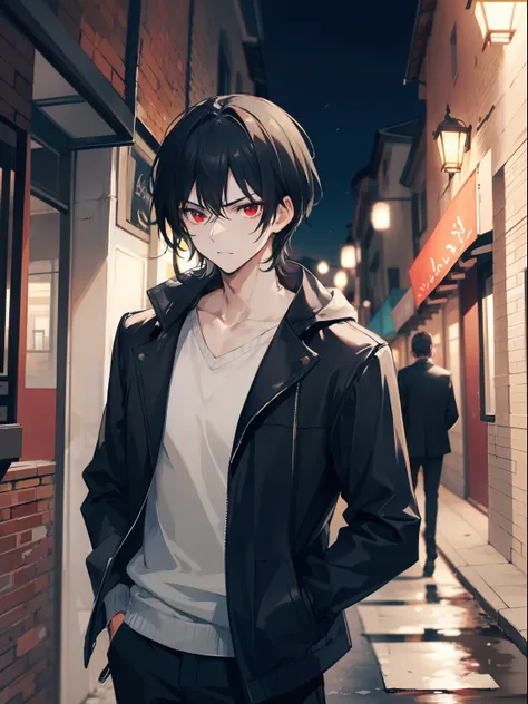 A man, black hair and red eyes, wearing a white jacket, night, quite alley, mascular, badass