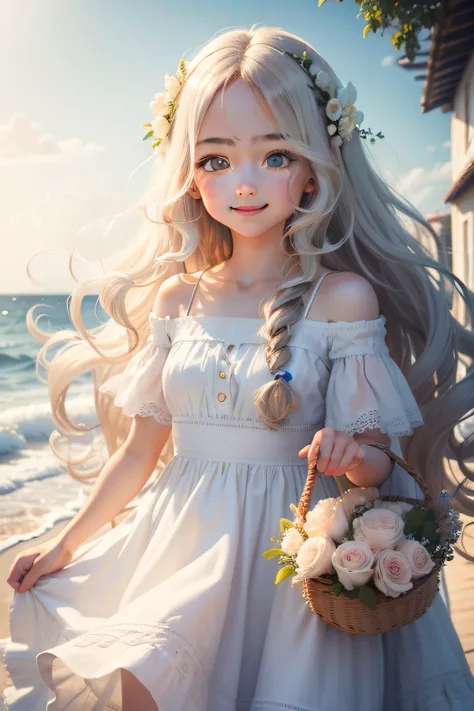 Long wavy hair, big eyes, light smile, white dress by the sea, holding flowers, UHD