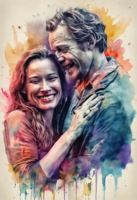 Full body photo of a man and a woman hugging together, 35 mm,Low angle, Photorealistic,  ultra-sharpness,Ultra Detail pays homage to Heath Ledgers iconic portrayal of the Joker in a memorable watercolor portrait. Capture his charming smile and chaotic esse...