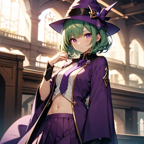 top-quality、extremely delicate and beautiful、(A teenage girl)、Purple Eye、Green hair、short-haired、(Purple pointy hat)、Purple tie、Soio、shortsleeves、Purple skirt、Purple Wizard Robe、Navel、is standing