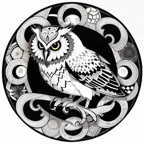 zentangle, fine line art, fine line drawing, coloring book illustratio style, vector art, white and black  graffiti illustration,owl, in the center, white and black colors, paint splashes and blots, Adobe Illustrator, high detail, whitebackground