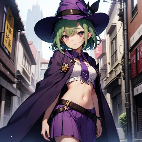 top-quality、extremely delicate and beautiful、(A teenage girl)、Purple Eye、Green hair、short-haired、(Purple pointy hat)、Purple tie、Soio、shortsleeves、Purple skirt、Purple Wizard Robe、Navel、is standing