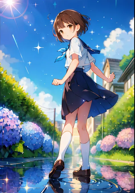 (solo), cute little (1girl) walking,path,[from below:1.2],brown hair,sine short hair,brown eyes,puddle,Water Reflection,rain,floating water drop,hydrangea,(blurry foreground),dynamic angle,asphalt,(blue sky),lens flare,school uniform,(glitter:1.2)