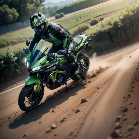 A boy ridding on Kawasaki ninja bike green black colour on a track  realistic ultra 4k