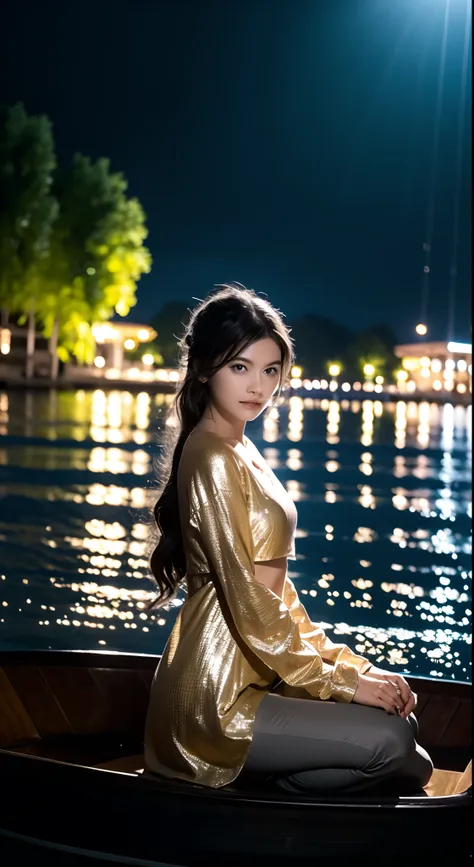 quiet nights，1 girl sitting on a boat by the lake，the lake is sparkling，reflect the beauty of the starry sky。she sat quietly，fee...