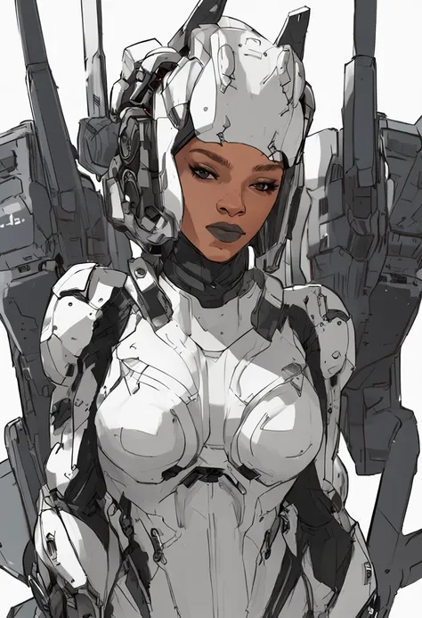 Rihanna with a white short hair, white mecha suit + black armor with silver parts, long, short golden hair, hair with bangs in front of her eyes, helmet on her head, sparkling blue eyes, looking at the viewer, ((( pose interacting and leaning [ on an objec...