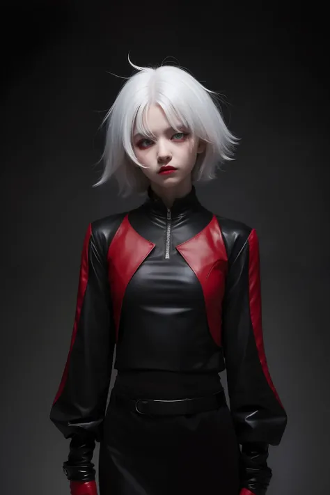 Girl villain 2D red pupils Black clothes 16 years old White hair sad and lonely