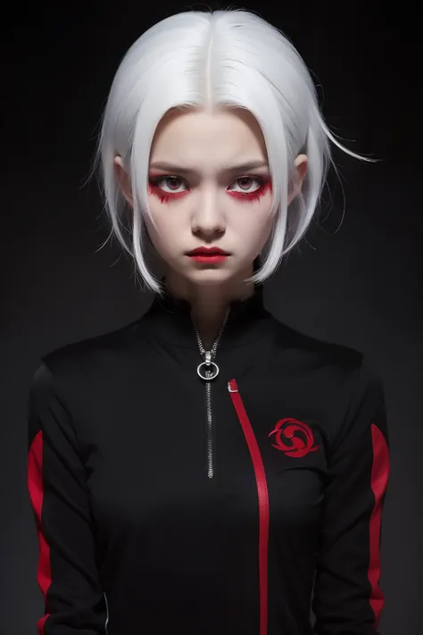 Girl villain 2D red pupils Black clothes 16 years old White hair sad and lonely