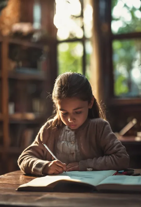 The little girl is desperately writing her homework