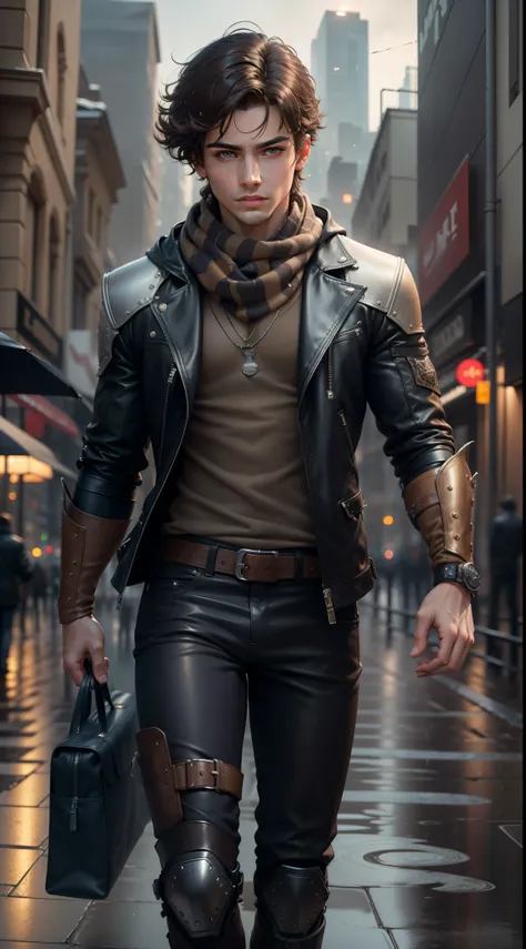 masterpiece, high resolution, extreme detail, best quality, real light and shadow, solo, full body, boy with dark brown hair, cool cowhide fashion outfit, blue, handsome , full pants, detailed face, detailed eyes, scarf, jacket, arm brace, technology, rain...