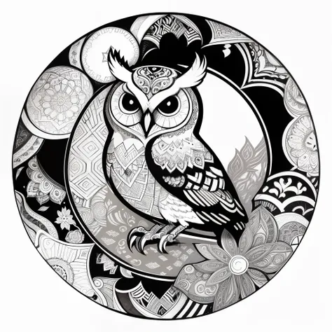 zentangle, fine line art, fine line drawing, coloring book illustratio style, vector art, white and black  graffiti illustration,owl, in the center, white and black colors, paint splashes and blots, Adobe Illustrator, high detail, whitebackground