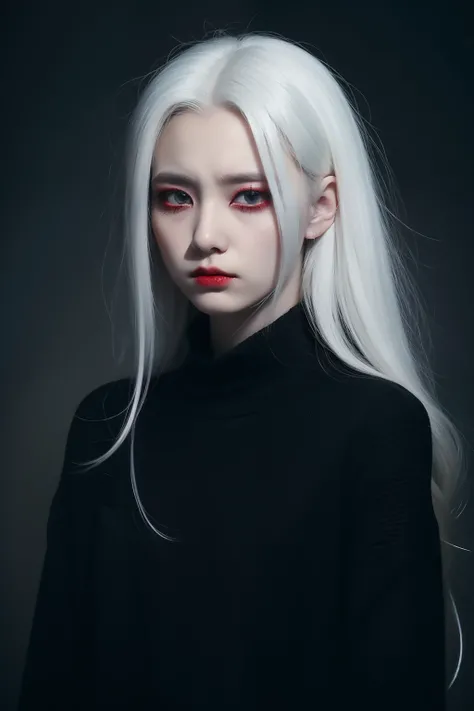 Red Eyes Black Clothes Evil Woman 2D Pure White Hair Color 16 years old Sadness and loneliness，irate，Sick