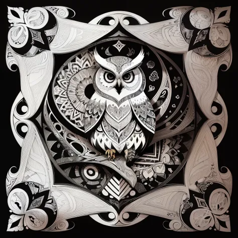 zentangle, fine line art, fine line drawing, coloring book illustratio style, vector art, white and black  graffiti illustration,owl, in the center, white and black colors, paint splashes and blots, Adobe Illustrator, high detail, whitebackground