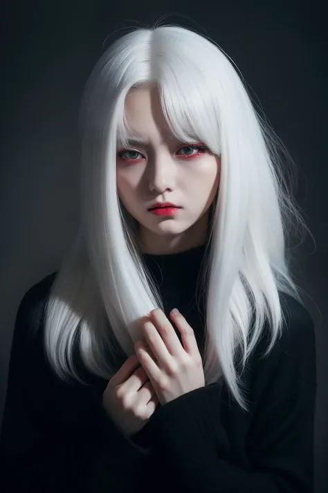 Red Eyes Black Clothes Evil Woman 2D Pure White Hair Color 16 years old Sadness and loneliness，irate，Sick