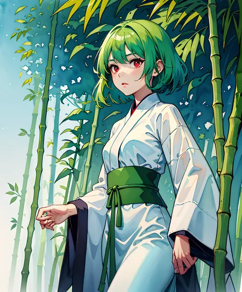 Red-eyed bamboo forest girl, Short hair, Green hair with bamboo leaves, Pure white cloth, aquarelle