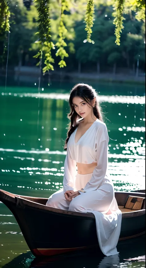 quiet nights，1 girl sitting on a boat by the lake，the lake is sparkling，reflect the beauty of the starry sky。she sat quietly，fee...